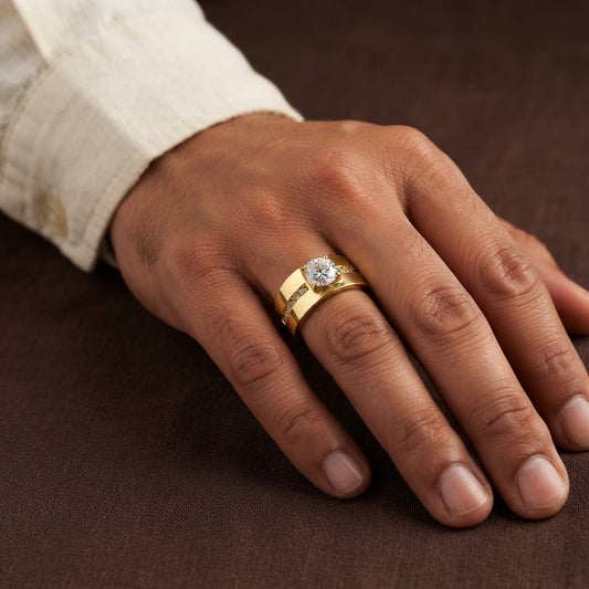 Classic Band Solitire Clear Zircon Ring | 18K Real Gold PVD Plated– For Men | Includes: Ring