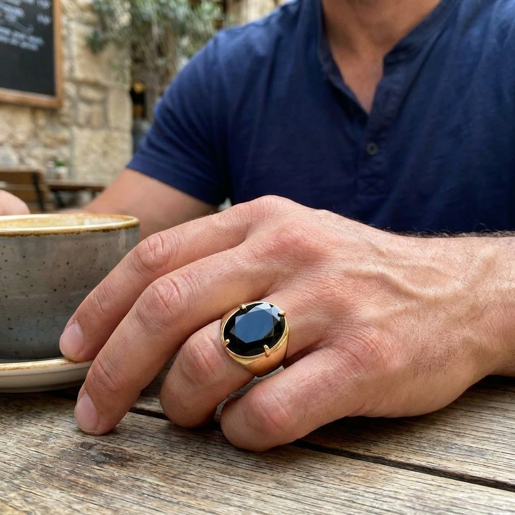 Natural Black Onyx Faceted Stone Golden Flexi Size Ring | 18K Real Gold PVD Plated– For Men | Includes: Ring