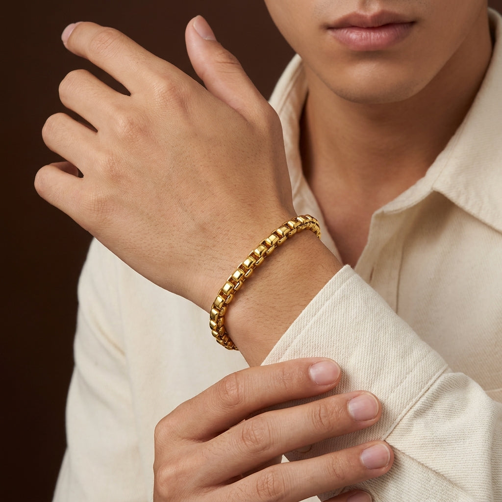 Golden Box Design Flexi Size Steel Regular Bracelet (6MM) | 18K PVD Gold Plated- For Men | Includes: Bracelet