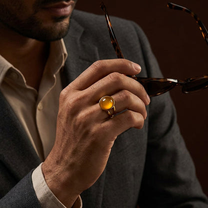 Yellow Quartz Real Stone Flexi Size Golden Ring | 18K Real Gold PVD Plated– For Men | Includes: Ring