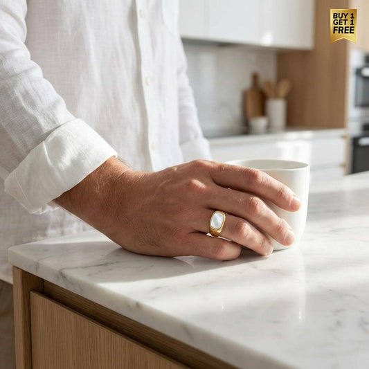 Natural Shell Titanium Golden Ring | 18K Real Gold PVD Plated– For Men | Includes: Ring