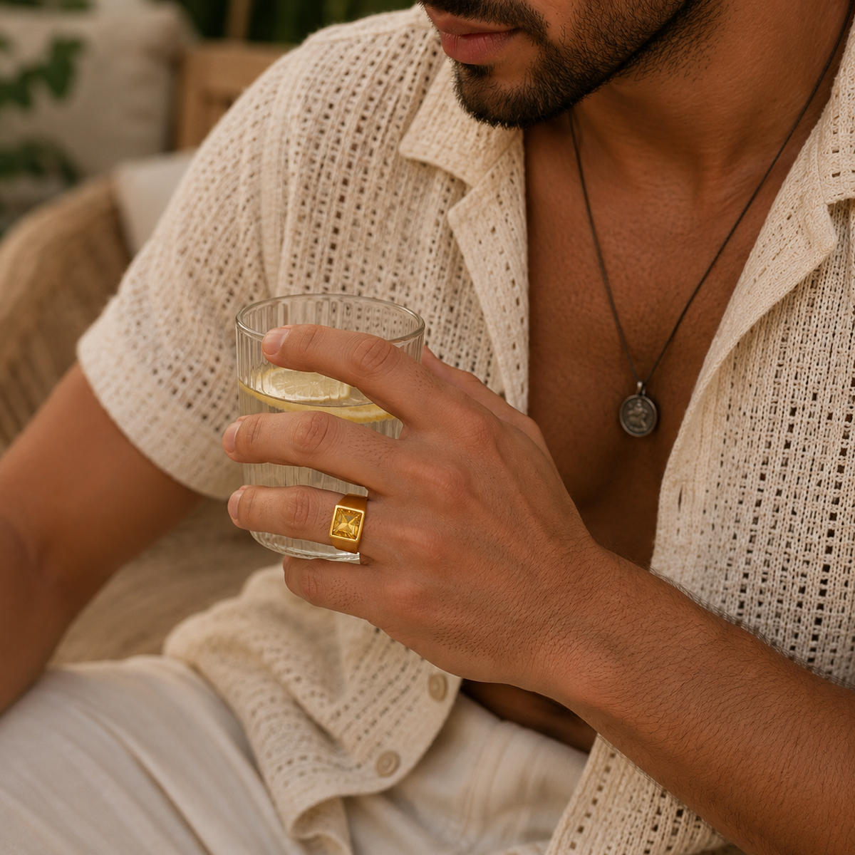 Golden Regular Yellow Square Zircon Titanium Ring | 18K Real Gold PVD Plated– For Men | Includes: Ring