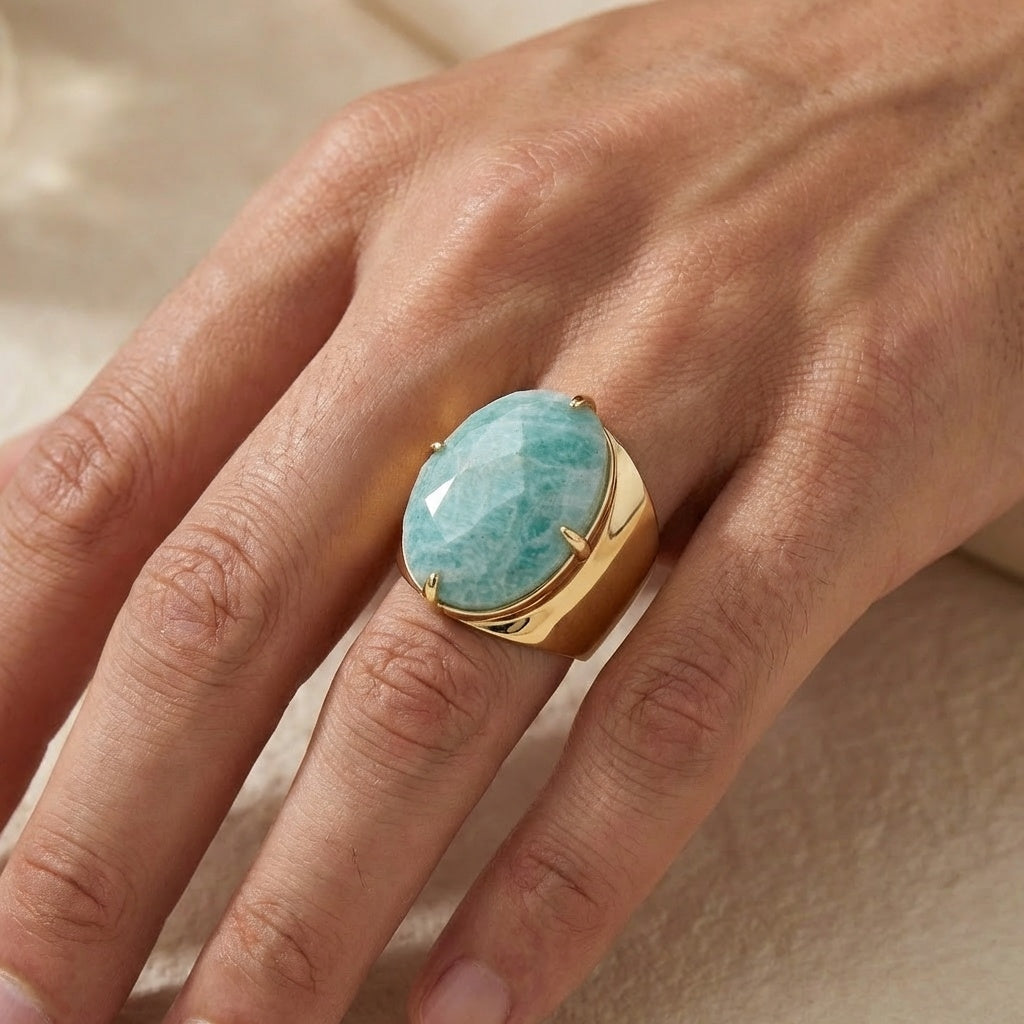 Natural Amazonite Faceted Stone Golden Flexi Size Ring | 18K Real Gold PVD Plated– For Men | Includes: Ring