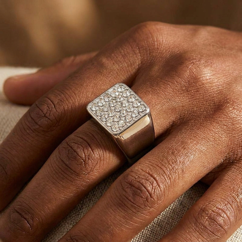 Titanium Multi Zircon Square Inlay Steel Ring | PVD Plated– For Men | Includes: Ring