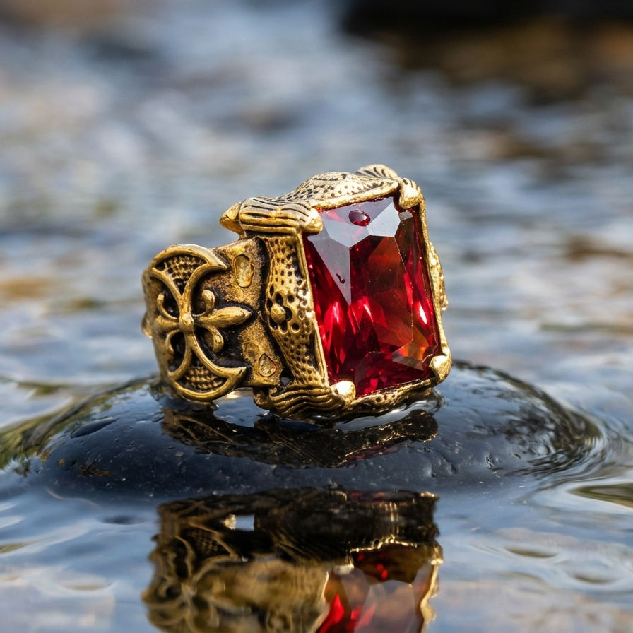 Red Zircon BOLD Iranian Golden Titanium Ring | 18K Real Gold PVD Plated– For Men | Includes: Ring