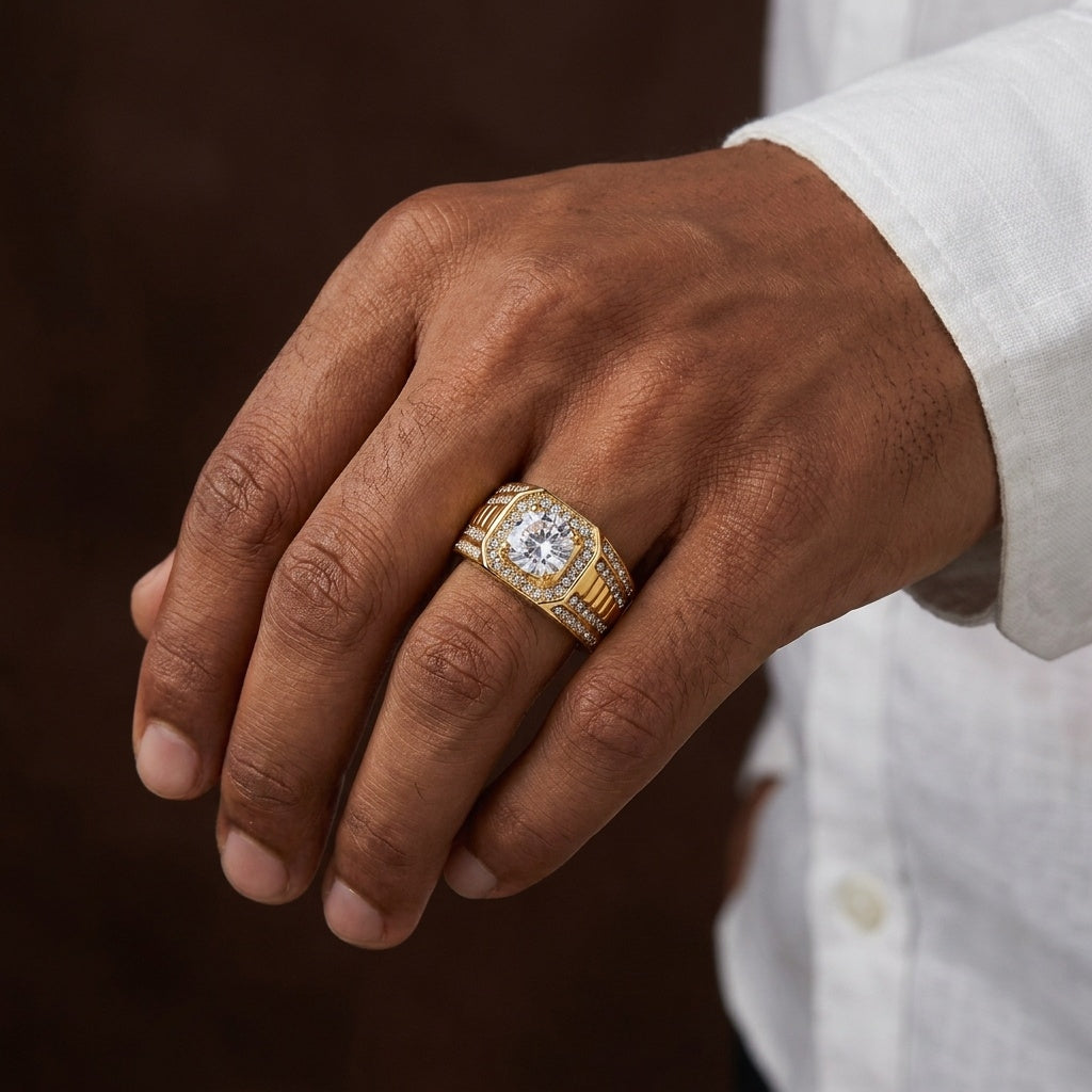 Classic Heritage Clear Zircon Ring | 18K Real Gold PVD Plated– For Men | Includes: Ring