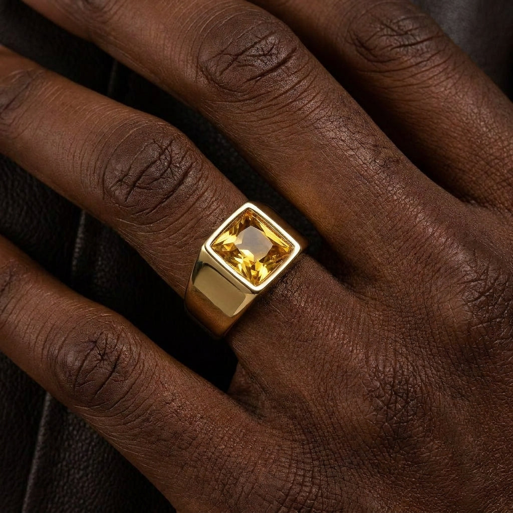 Golden Regular Yellow Square Zircon Titanium Ring | 18K Real Gold PVD Plated– For Men | Includes: Ring