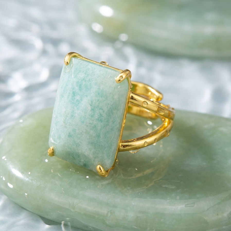 BOLD Natural Amazonite Stone Golden Flexi Size Ring | 18K Real Gold PVD Plated– For Men | Includes: Ring