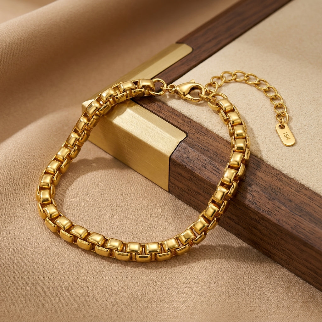 Golden Box Design Flexi Size Steel Regular Bracelet (6MM) | 18K PVD Gold Plated- For Men | Includes: Bracelet