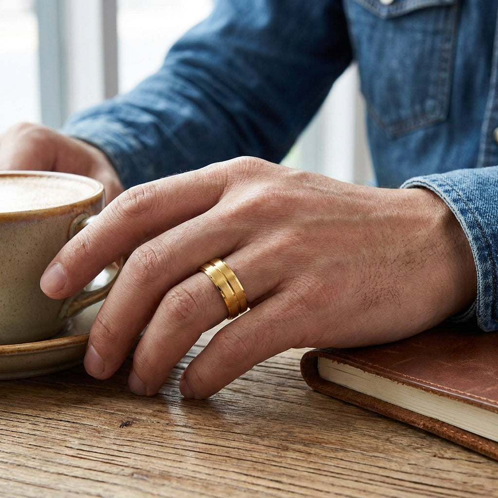 Premium mid-line Golden Steel Ring | 18K Real Gold PVD Plated– For Men | Includes: Ring