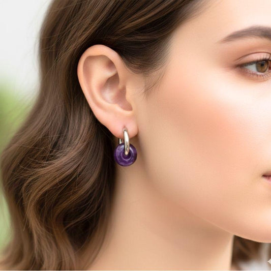 Amethyst Shine Hoop Earrings | Amethyst Stone & Silver PVD Plated - For Women | Includes: Earrings