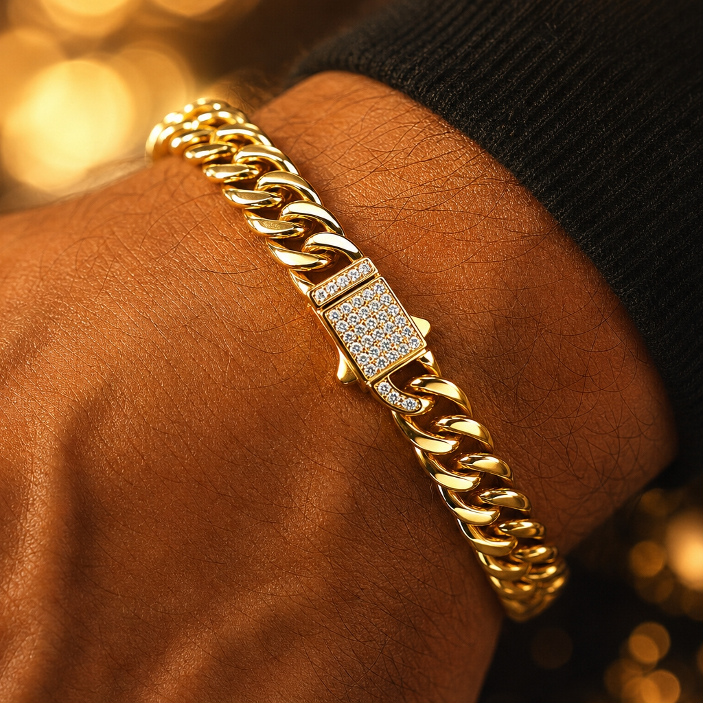 Designer Modern Real Golden Zircon clasp lean 6MM STANDARD Bracelet | 18K PVD Gold Plated- For Men | Includes: Bracelet