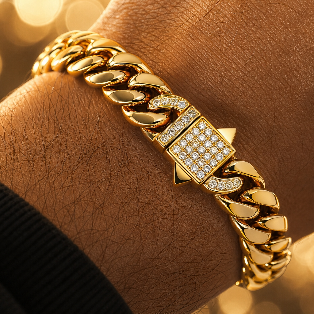 Designer Modern Real Golden Zircon clasp Standard 8MM STANDARD Bracelet | 18K PVD Gold Plated- For Men | Includes: Bracelet