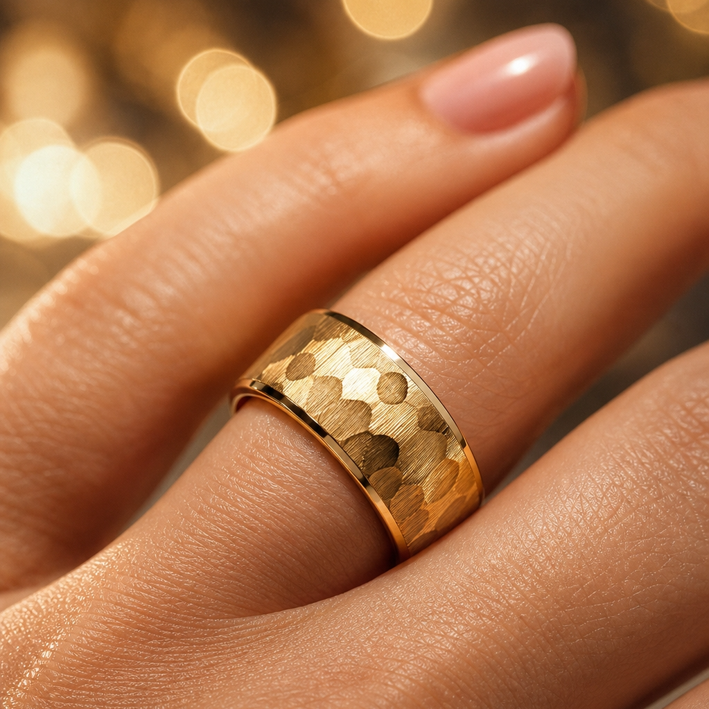 Hammered Titanium Steel Golden Ring | 18K Real Gold PVD Plated– For Women | Includes: Ring