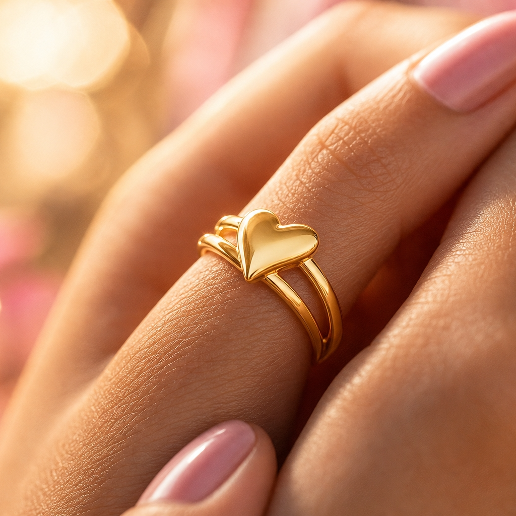 Dule Line tilted Heart Flexi Size Ring | 18K PVD Gold Plated- For Women | Includes: Ring
