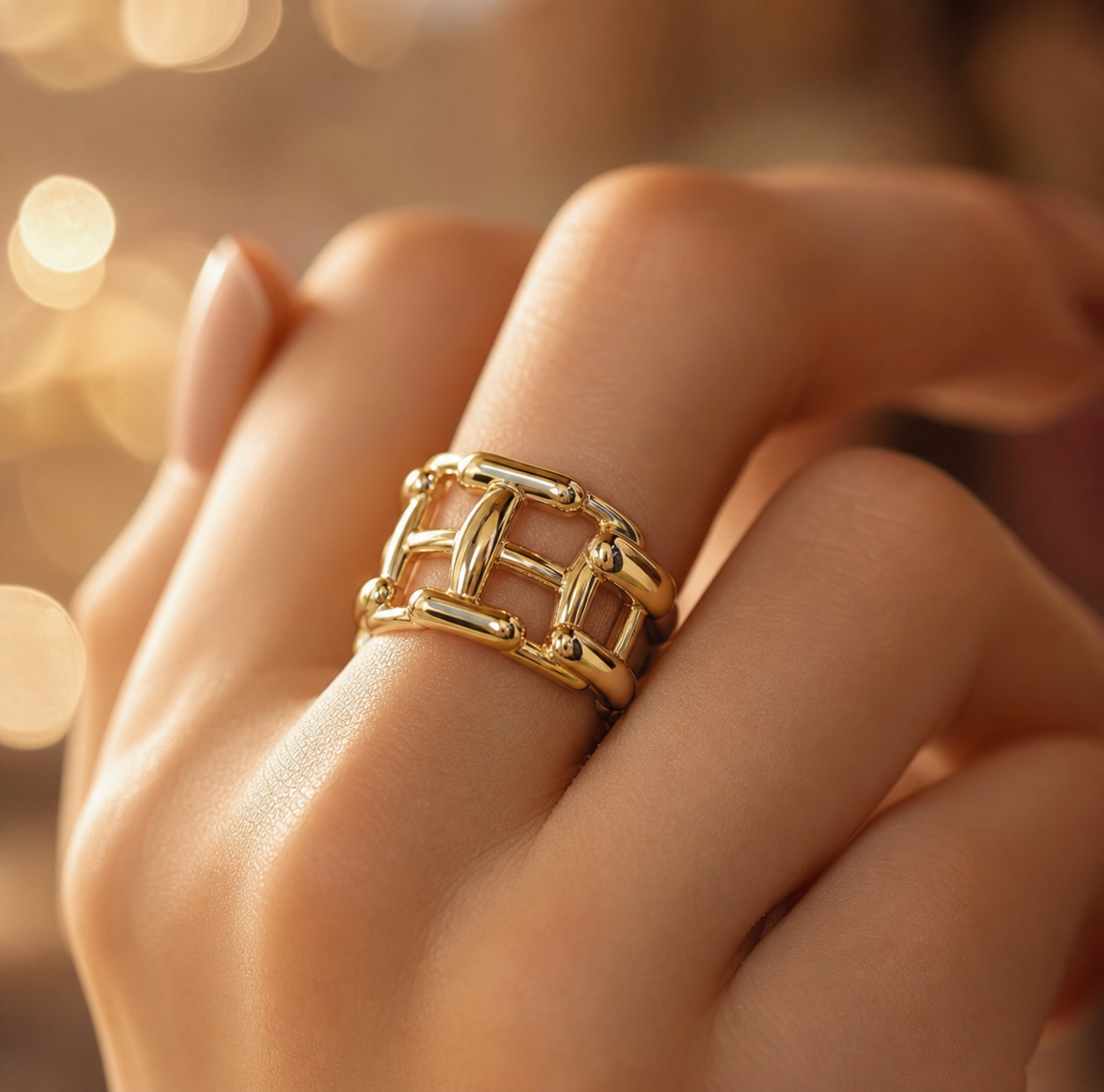 Criss Cross Bamboo Golden Flexi Size Ring | 18K PVD Gold Plated- For Women | Includes: Ring