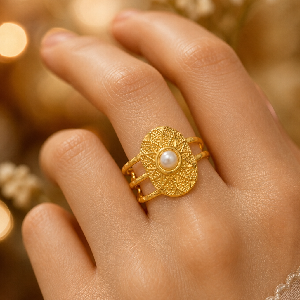 Ethnic Sun Pearl Flexi Size Golden Ring | 18K PVD Gold Plated- For Women | Includes: Ring