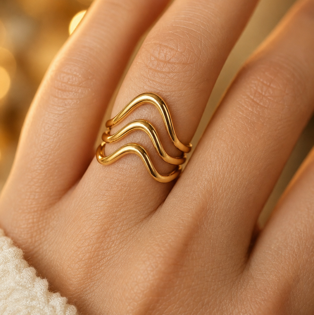 Symmetric Multi-Wave Dainty Flexi Size Ring | 18K PVD Gold Plated- For Women | Includes: Ring