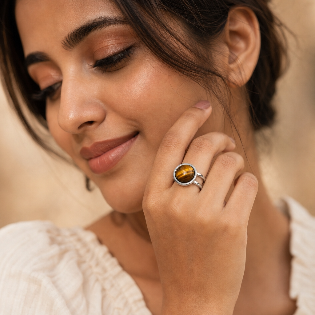 Adjustable Ring with Tiger Eye Stone| Silver Plated -For Women | Includes: Ring