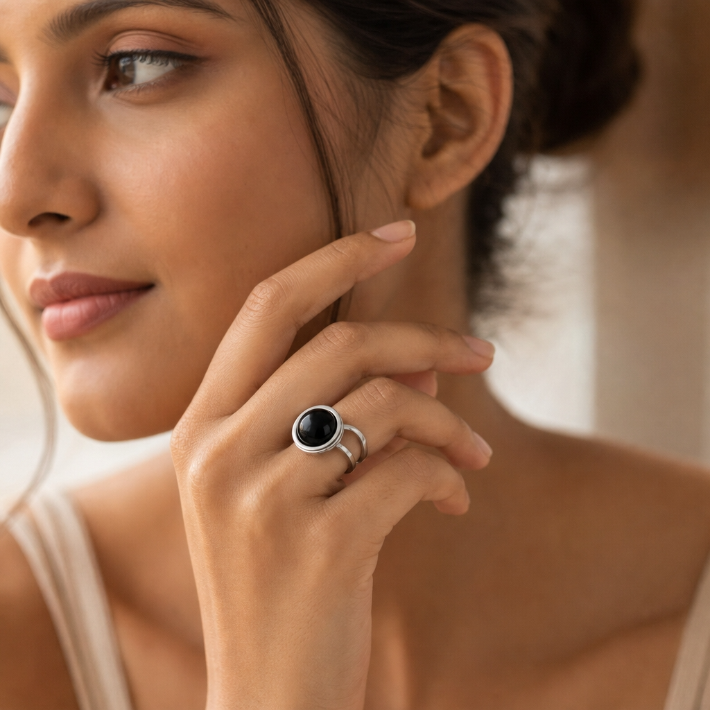 Adjustable Ring with Black Obsidian Stone| Silver Plated -For Women | Includes: Ring