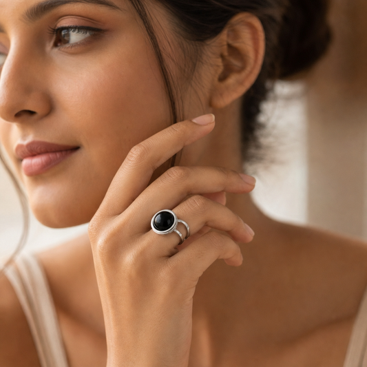 Adjustable Ring with Black Obsidian Stone| Silver Plated -For Women | Includes: Ring