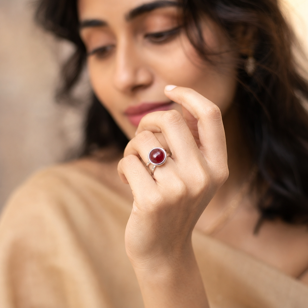 Adjustable Ring with Red Onyx Stone| Silver Plated -For Women | Includes: Ring