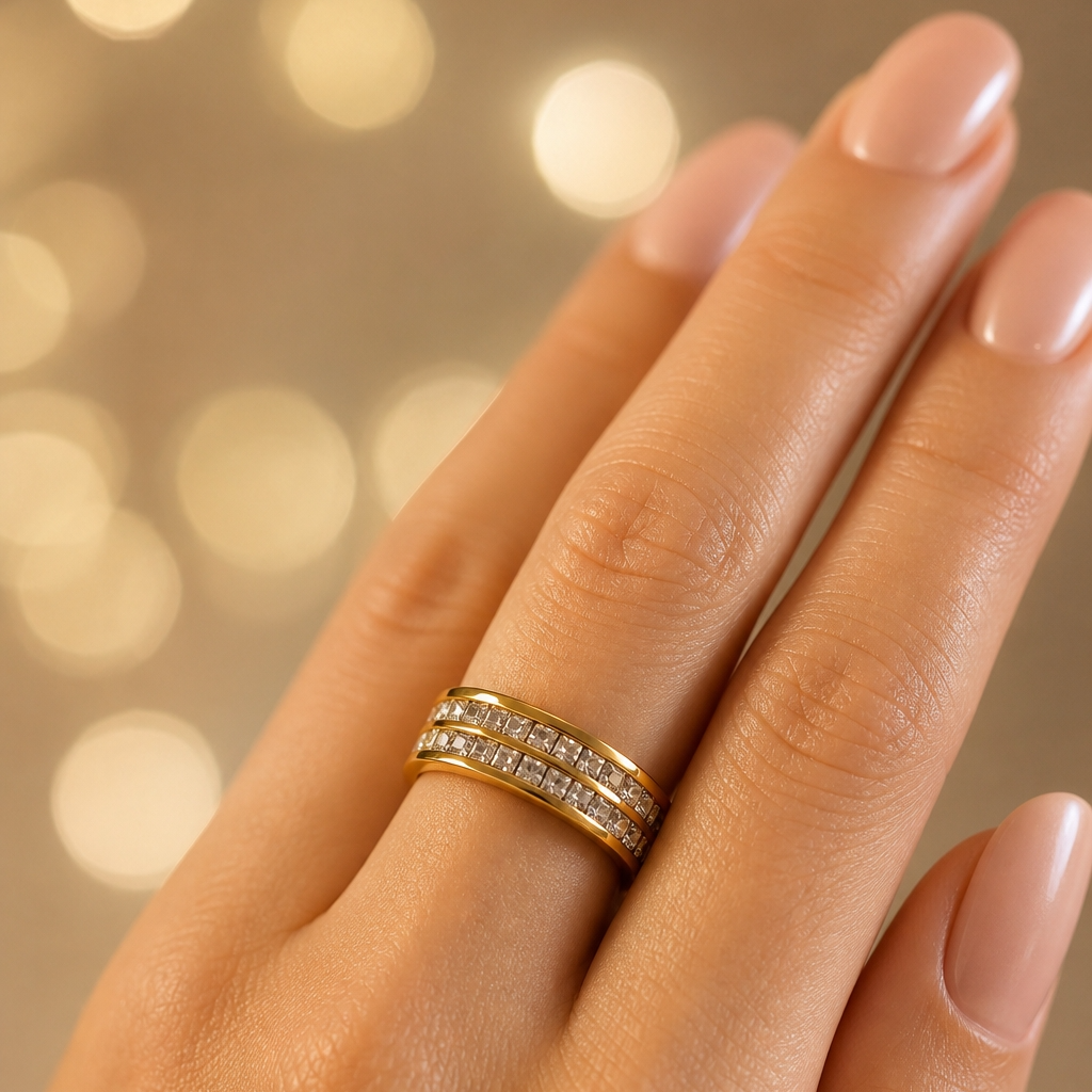 Zircon Line Titanium Steel Golden Ring | 18K Real Gold PVD Plated– For Women | Includes: Ring