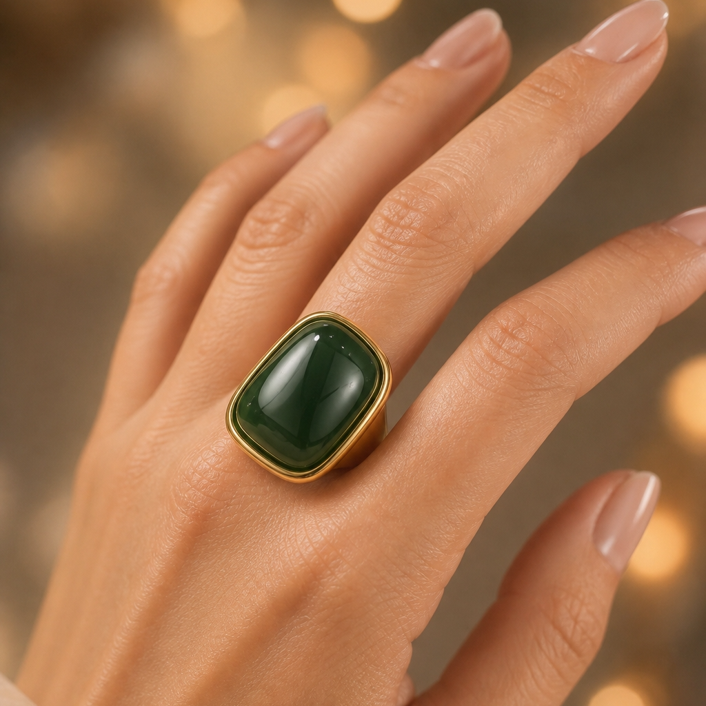 Ultra Bold Natural Green Agate Stone Golden Ring | 18K Real Gold PVD Plated– For Women | Includes: Ring