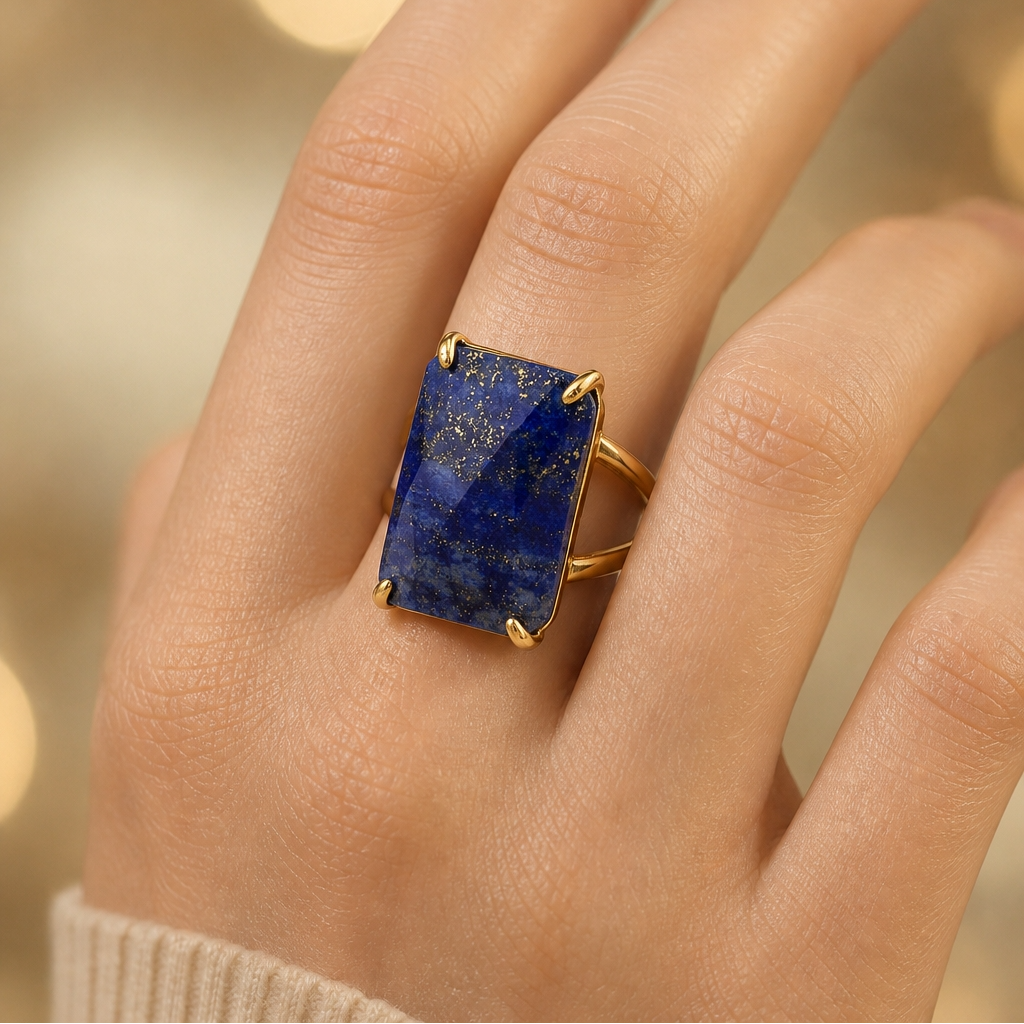BOLD Natural Lapis Stone Golden Flexi Size Ring | 18K Real Gold PVD Plated– For Women | Includes: Ring