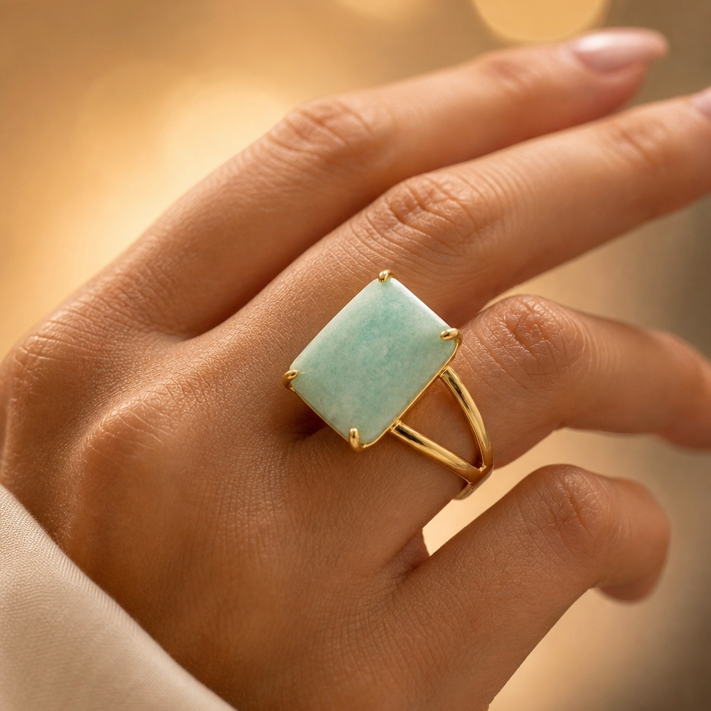 BOLD Natural Amazonite Stone Golden Flexi Size Ring | 18K Real Gold PVD Plated– For Women | Includes: Ring