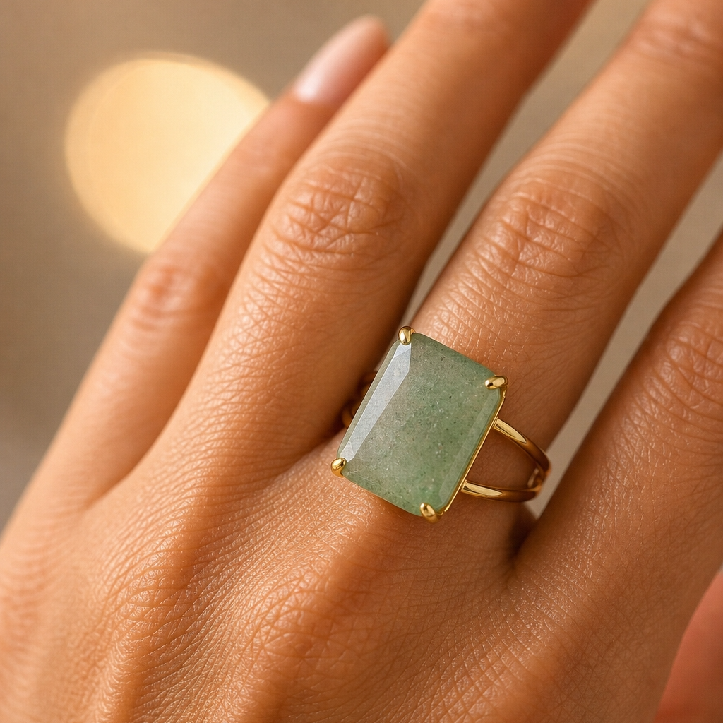 BOLD Natural Green Jade Golden Flexi Size Ring | 18K Real Gold PVD Plated– For Women | Includes: Ring