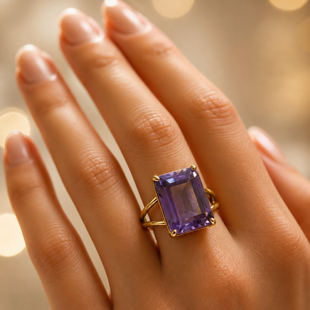 BOLD Natural Amethyst Stone Golden Flexi Size Ring | 18K Real Gold PVD Plated– For Women | Includes: Ring