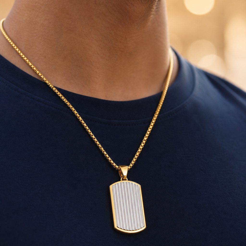 Ultra Posh D-Tag Silverline Golden Necklace | 18K PVD REAL Gold Plated- For Men| Includes: Necklace