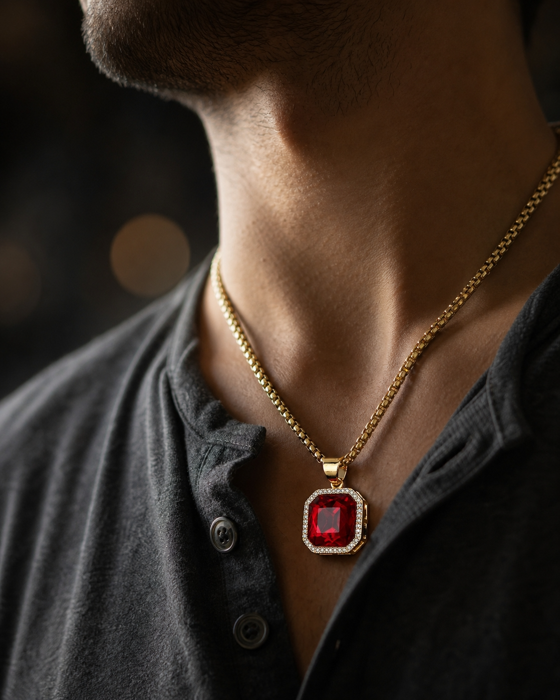 Ultra BOLD Posh RED Zircon Golden Necklace | 18K PVD REAL Gold Plated- For Men| Includes: Necklace