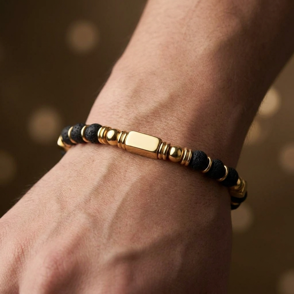Ultra Rich Real Lava Stone Flexi Bracelet | 18K PVD Gold Plated- For Men | Includes: Bracelet