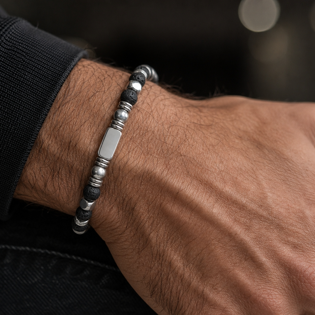 Ultra Rich Real Lava Stone Flexi Bracelet | TITANIUM Steel- For Men | Includes: Bracelet
