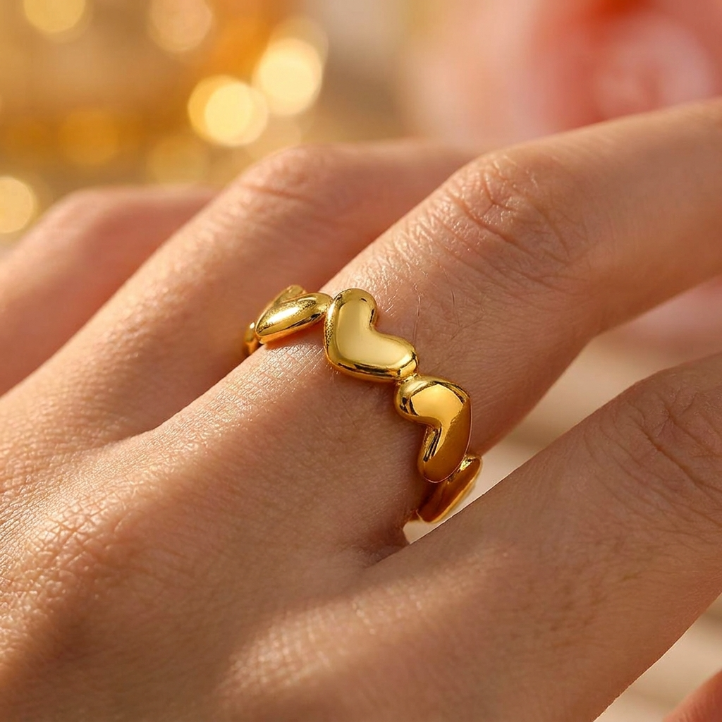 Multi-Heart Solid Flexi Size Ring | 18K PVD Gold Plated- For Women | Includes: Ring