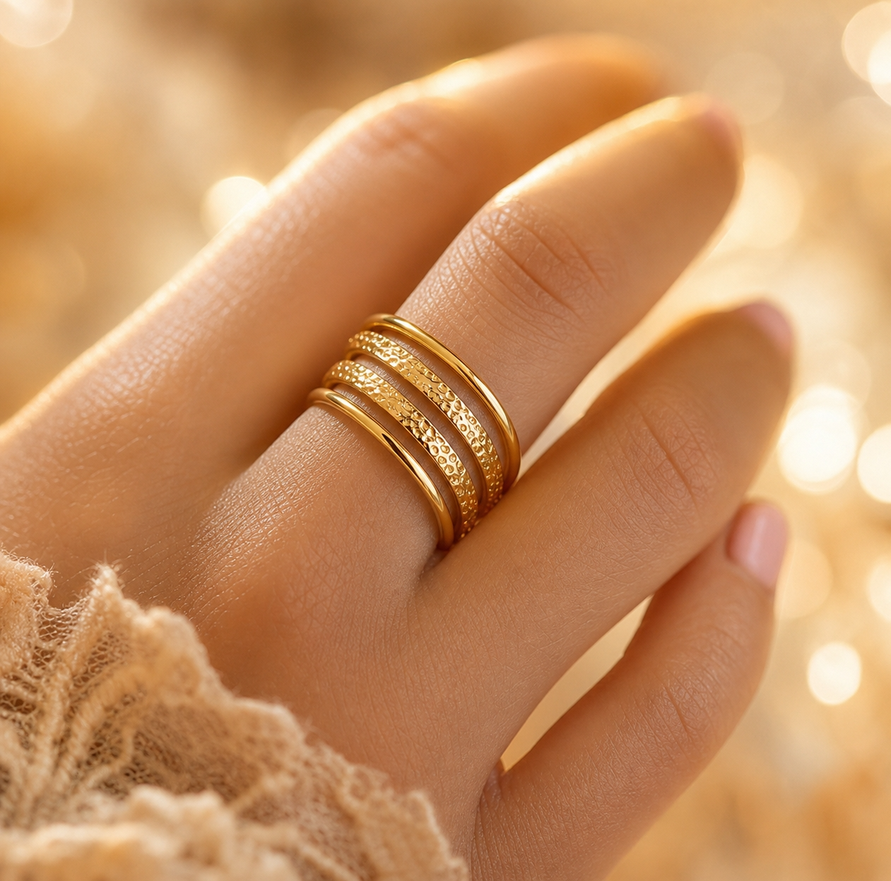 Multi-Layer Hammered Line Flexi Size Ring | 18K PVD Gold Plated- For Women | Includes: Ring