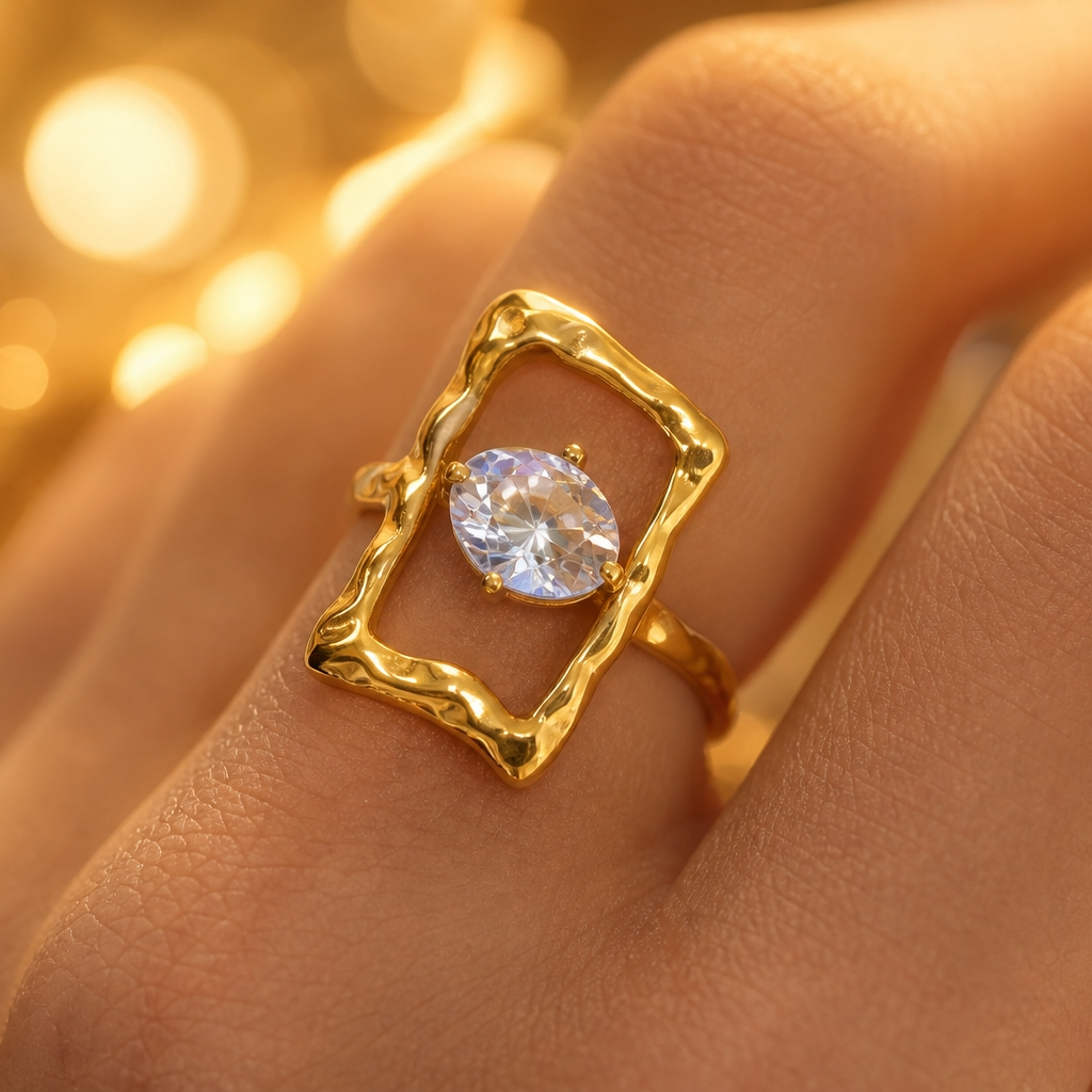 Trendy Organic Shape Solitaire Zircon Flexi Size Ring | 18K PVD Gold Plated- For Women | Includes: Ring