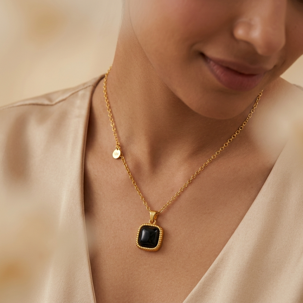 Noir Black CUSHION Necklace | Gold-Tone - For Women | Includes: Necklace