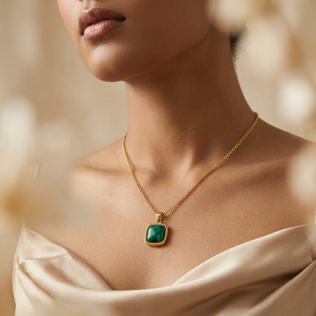 Forest Striped Green CUSHION Necklace | Gold-Tone - For Women | Includes: Necklace