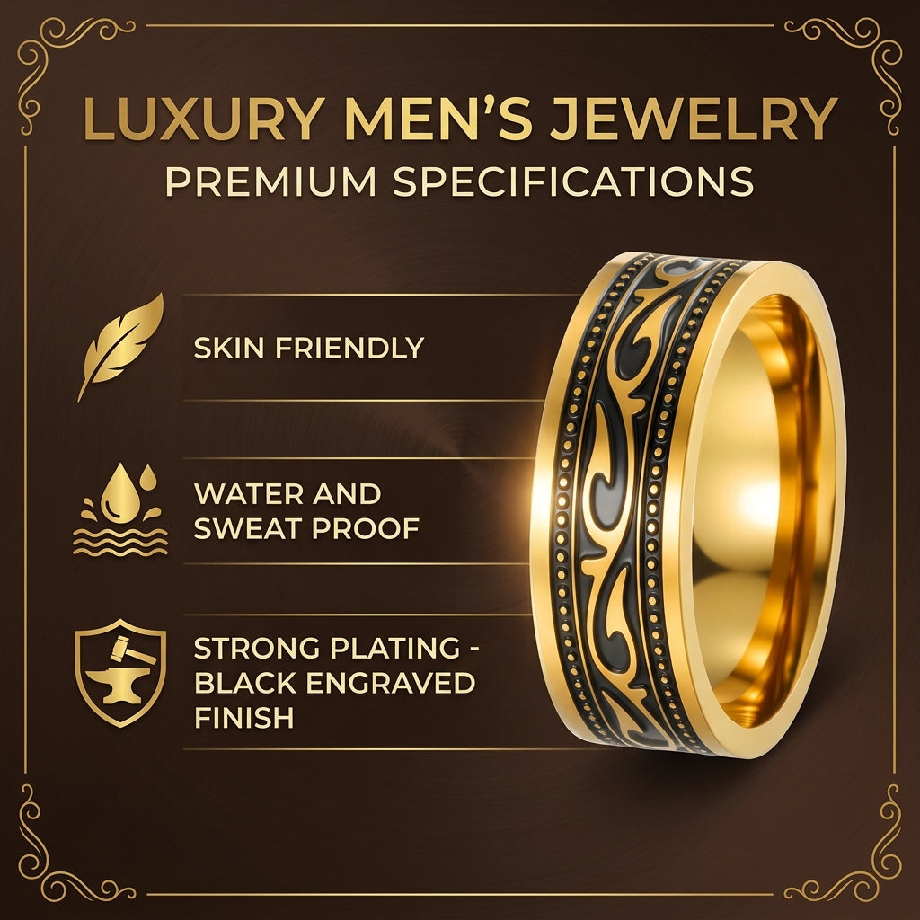 Ethnic Heritage Golden Ring | 18K Real Gold PVD Plated– For Men | Includes: Ring