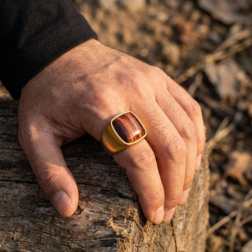 Natural Red Tiger Eye Stone BOLD Titanium Golden Ring | 18K Real Gold PVD Plated– For Men | Includes: Ring