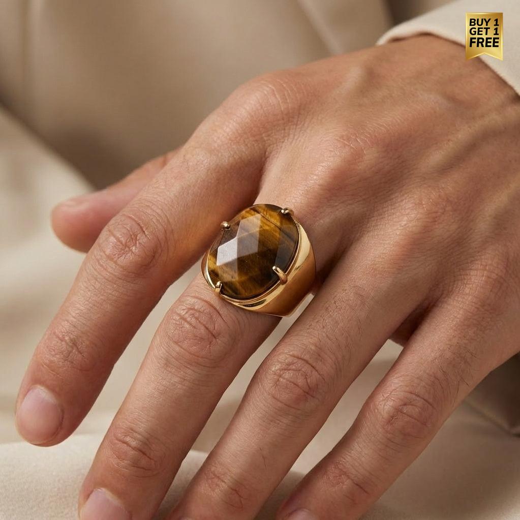 Natural Tiger Eye Faceted Stone Golden Flexi Size Ring | 18K Real Gold PVD Plated– For Men | Includes: Ring