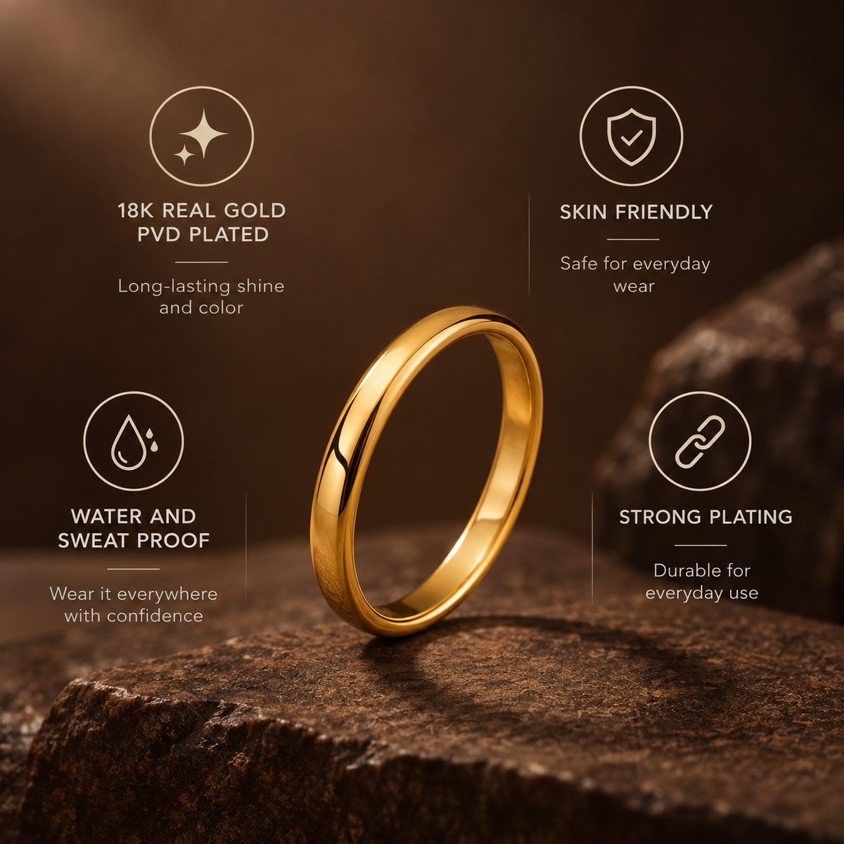 Everyday Ring with REAL GOLD Finish (2mm) | 18K PVD Gold Plated– For Men | Includes: Ring
