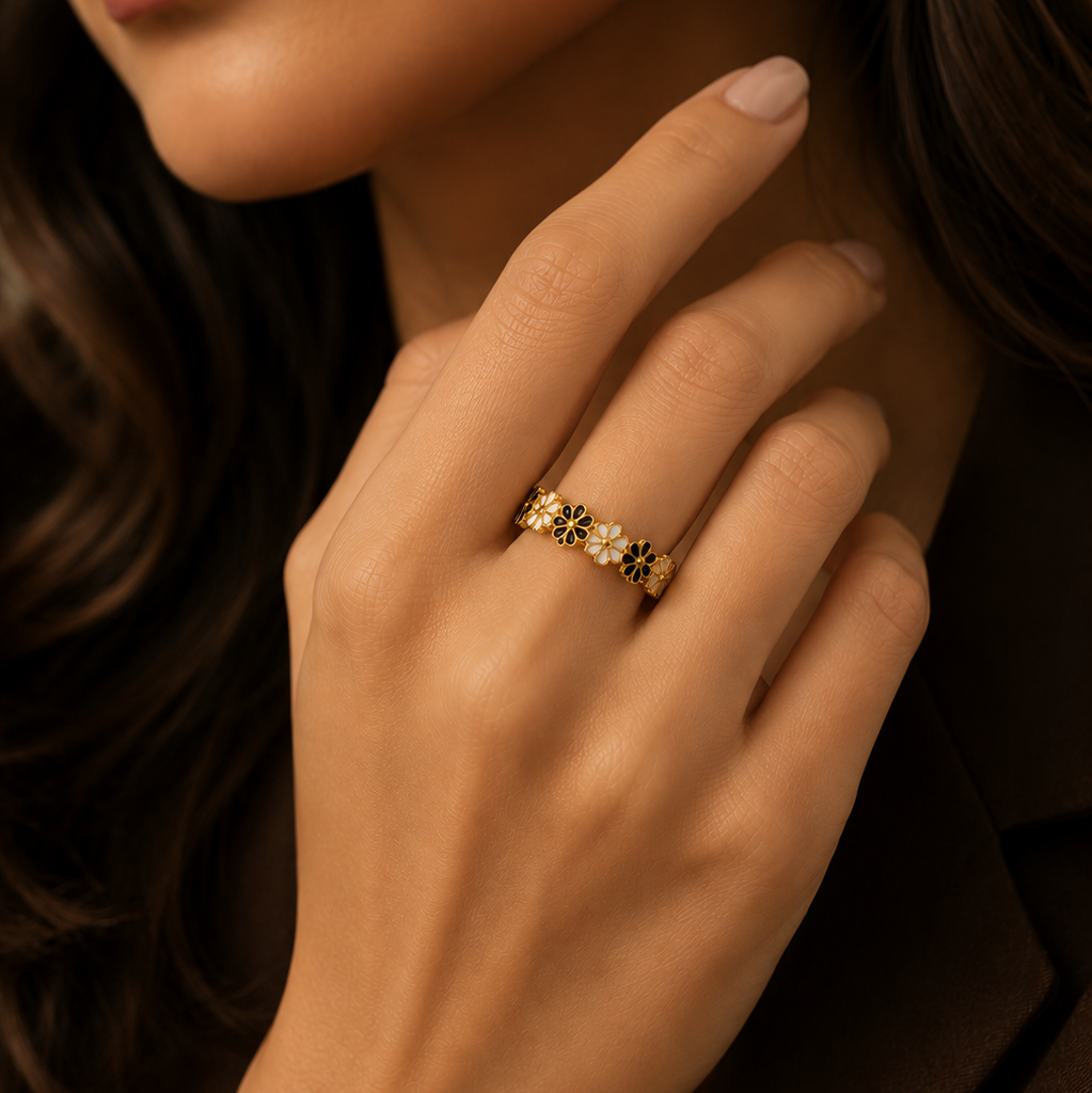 Black-White Flower Flexi Size Ring | 18K PVD Gold Plated- For Women | Includes: Ring