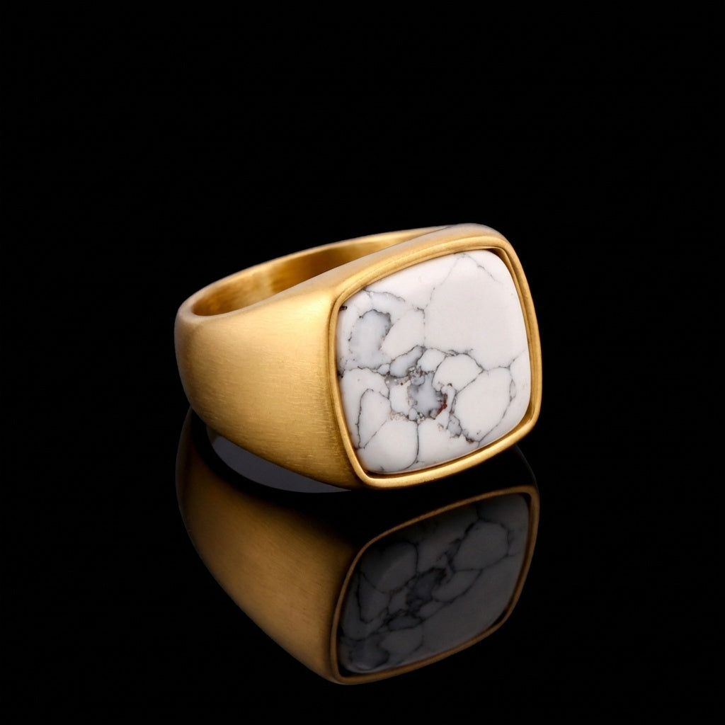 Howlite Stone BOLD Titanium Golden Ring | 18K Real Gold PVD Plated– For Men | Includes: Ring