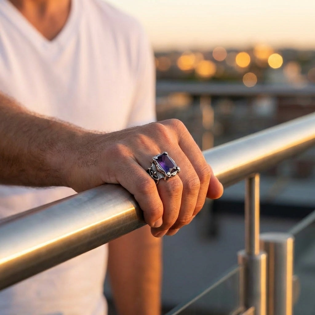 Purple Zircon BOLD Iranian Sword Ring | Titanium Steel– For Men | Includes: Ring