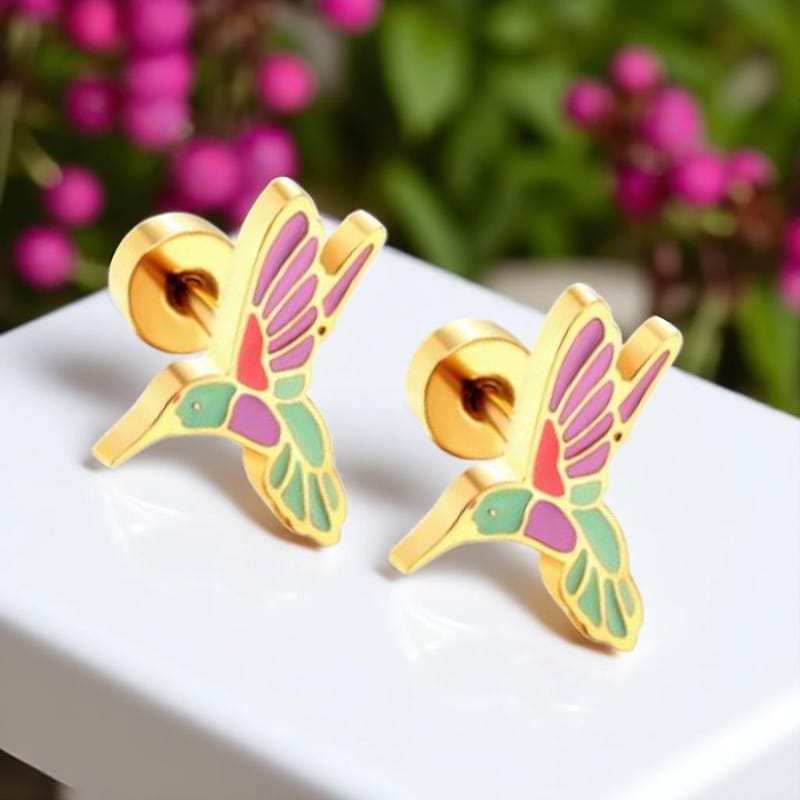Vibrant Hummingbird Earrings | 18K PVD Gold Plated - For Women | Includes: Earrings