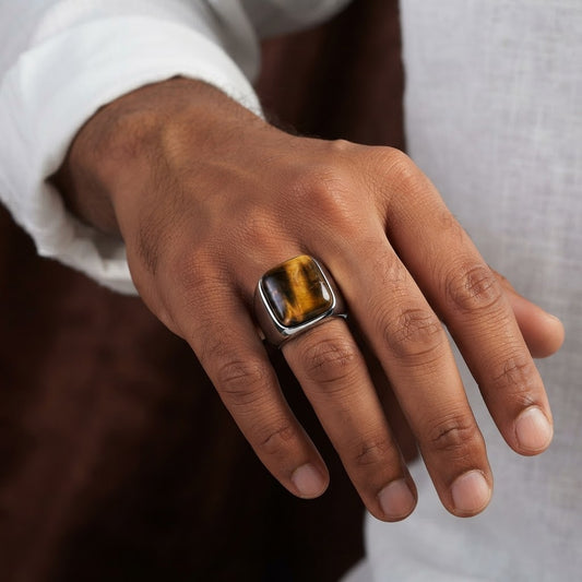 Natural BOLD Tiger Eye Stone Golden Titanium Steel Ring | PVD Plated– For Men | Includes: Ring